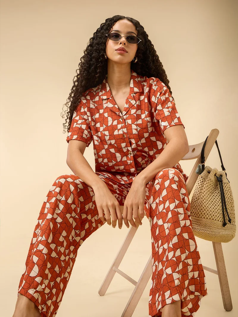 OUTZIDR Brown Rust Abstract Print Top And Pants Co Ord Set for Women | Best Price UAE